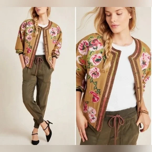 Anthropologie Floral Embroidered Boho Bomber Jacket Size XS - Picture 3 of 15